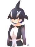  1girl arms_at_sides artist_logo bangs belt black_hair blowhole brown_eyes closed_mouth collarbone cropped_arms cropped_torso dorsal_fin dress frills grey_hair hair_over_one_eye head_fins highres kemono_friends long_sleeves multicolored_hair orca_(kemono_friends) parted_bangs purple_hair short_hair simple_background smile solo thin_(suzuneya) upper_body white_background 