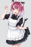 1girl ;d alternate_costume animal_ear_fluff animal_ears anz32 apron arm_up bangs black_bow black_dress blush bow cat_ears cat_girl cat_tail commentary dress enmaided eyebrows_visible_through_hair fang frilled_apron frills gradient_hair grey_background looking_at_viewer maid maid_apron maid_headdress multicolored_hair one_eye_closed open_mouth princess_connect! princess_connect!_re:dive puffy_short_sleeves puffy_sleeves purple_hair short_sleeves simple_background skirt_hold smile solo tail tail_bow tail_raised tamaki_(princess_connect!) violet_eyes white_apron white_hair 