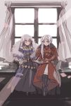  2girls batoson54 book cape closed_mouth dress edelgard_von_hresvelg fire_emblem fire_emblem:_three_houses fur_trim gloves hair_ornament highres holding holding_book long_hair long_sleeves lysithea_von_ordelia multiple_girls open_book pink_eyes side_ponytail sitting smile violet_eyes white_gloves white_hair window 