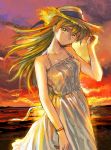  1girl 203wolves absurdres bangs beach blonde_hair blue_ribbon bracelet breasts closed_mouth clouds cloudy_sky collarbone dress dusk floating_hair hair_between_eyes halterneck hat hat_ribbon highres jewelry long_hair medium_breasts ocean outdoors ribbon shiny shiny_hair shore signature sky sleeveless sleeveless_dress solo standing straw_hat sun_hat sundress tenjouin_asuka very_long_hair white_dress yellow_eyes yellow_headwear yuu-gi-ou yuu-gi-ou_gx 