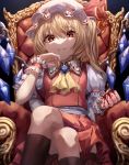  1girl armchair ascot bangs black_legwear blonde_hair blood bloody_hands blouse chair clenched_hand crossed_legs eyebrows_visible_through_hair flandre_scarlet gem hand_on_own_cheek hat highres kneehighs looking_at_viewer mob_cap mozuno_(mozya_7) neckerchief one_side_up puffy_short_sleeves puffy_sleeves red_eyes red_skirt red_vest short_sleeves side_ponytail sitting skirt slit_pupils smile solo touhou vest white_blouse wings wristband yellow_neckwear 