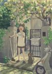  1girl animal_ears animal_print black_hair black_shorts broom cat cat_ears closed_eyes covering_mouth crocs fang fish_print ground_vehicle highres house mailbox_(incoming_mail) motor_vehicle nerio_(neri_akira) original outdoors scooter short_hair shorts standing tree yawning 