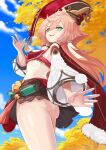  1girl :d antlers ass bare_shoulders black_skirt blue_sky bow breasts cape crop_top genshin_impact green_eyes hair_between_eyes highres long_hair long_sleeves looking_at_viewer mg42cat-k1ng midriff no_panties open_mouth pink_hair red_headwear revealing_clothes skirt sky small_breasts smile solo standing tree upskirt wide_sleeves yanfei_(genshin_impact) yellow_bow 