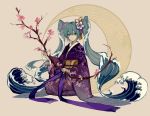  1girl absurdres alternate_costume blue_eyes blue_flower blue_hair closed_mouth crescent floral_print flower hair_flower hair_ornament hatsune_miku highres holding japanese_clothes kazenemuri kimono liquid_hair long_hair long_sleeves looking_at_viewer obi pink_background print_kimono purple_flower purple_kimono sash seiza sitting smile solo tassel very_long_hair vocaloid wide_sleeves 