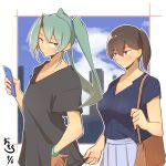  2girls absurdres bag blush brown_hair casual cellphone dark_green_hair hair_ribbon handbag highres kaga_(kantai_collection) kantai_collection long_hair multiple_girls phone ragau01 ribbon shirt_grab side_ponytail skirt smartphone twintails v-neck zuikaku_(kantai_collection) 