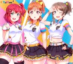  3girls :d :o absurdres ahoge arm_up arms_behind_back bangs belt black_legwear black_skirt blue_eyes blue_nails bow bracelet breasts brown_hair collared_shirt cowboy_shot cyaron_(love_live!) earrings fingerless_gloves gloves green_eyes hair_bow hair_ornament hairpin hand_on_hip hand_on_shoulder highres jewelry kurosawa_ruby large_breasts looking_at_viewer love_live! love_live!_sunshine!! matching_outfit medium_breasts midriff multiple_girls nail_polish navel one_eye_closed one_side_up open_mouth orange_hair pink_nails pleated_skirt ponytail red_eyes redhead salute shirt short_hair simple_background skirt smile star_(symbol) star_hair_ornament takami_chika thigh-highs tied_shirt tsumikiy watanabe_you white_shirt x_hair_ornament yellow_bow 