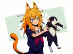  1girl :d animal animal_ears blue_eyes cat cat_ears cat_tail fang holding holding_animal holding_cat human_ears open_mouth orange_hair original pikat school_uniform serafuku skin_fang smile tail white_background 