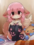  1girl animal_ear_fluff animal_ears bed black_legwear book camisole crossed_legs dagashi_(daga2626) denim denim_shorts fangs feet fox_ears fox_tail furry hands_on_own_knees highres knees_up legs long_hair looking_at_viewer original paw_print pillow pink_eyes pink_hair print_legwear short_shorts shorts sitting smile soles solo striped_camisole stuffed_toy tail thigh-highs thighs yellow_camisole 