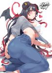  1girl bangs black_hair black_nails blush bra breasts covering covering_ass demon_girl demon_horns demon_wings denim grey_shirt highres horns jeans long_hair looking_at_viewer multicolored_hair navel ogino_atsuki original pants red_eyes redhead shirt solo stomach succubus swept_bangs underwear white_bra wings 