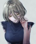  1girl bangs blue_shirt dangan_ronpa earrings floating_hair green_eyes grey_background hair_between_eyes hair_intakes jewelry new_dangan_ronpa_v3 sakuyu shirt short_hair silver_hair simple_background sleeveless sleeveless_shirt solo toujou_kirumi twitter_username upper_body 