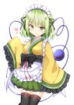  1girl :o adapted_costume apron arm_up bangs black_legwear blush breasts commentary_request contrapposto cowboy_shot eyebrows_visible_through_hair frilled_sleeves frills green_eyes green_hair green_skirt heart heart-shaped_pupils highres japanese_clothes kimono komeiji_koishi kuraaken looking_at_viewer maid_headdress medium_breasts obi petticoat pleated_skirt sash short_hair simple_background skirt sleeves_past_fingers sleeves_past_wrists solo symbol-shaped_pupils thigh-highs third_eye touhou wa_maid waist_apron white_background yellow_kimono 