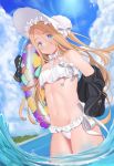  abigail_williams_(fate/grand_order) abigail_williams_(swimsuit_foreigner)_(fate) abs absurdres bangs bare_shoulders bikini blonde_hair blue_eyes blue_sky blush bonnet bow braid breasts fate/grand_order fate_(series) hair_bow hat highres jacket long_hair looking_at_viewer miniskirt navel open_clothes open_jacket outdoors parted_bangs quatthro skirt sky small_breasts strapless strapless_bikini swimsuit thighs twin_braids water 