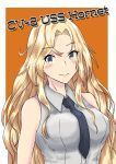  1girl black_neckwear blonde_hair border breasts character_name commentary_request dress_shirt grey_eyes highres hornet_(kantai_collection) kantai_collection large_breasts long_hair looking_at_viewer necktie orange_background senon shirt sleeveless sleeveless_shirt smile solo upper_body white_border white_shirt 