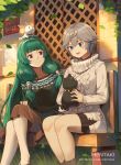  2girls :d animal animal_on_head aran_sweater artist_name bangs black_shirt black_skirt blue_eyes brown_skirt cibella closed_mouth commentary crossed_legs dog dragalia_lost english_commentary eyebrows_visible_through_hair green_hair grey_hair hair_between_eyes hair_tubes heart hentaki highres hildegarde_(dragalia_lost) holding holding_animal leaves_in_wind long_hair mole mole_under_mouth multiple_girls on_bench on_head open_mouth pleated_skirt rabbit shirt short_hair sitting skirt smile sweater turtleneck turtleneck_sweater very_long_hair violet_eyes watermark web_address white_sweater 