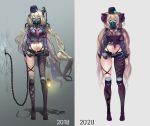  1girl 2018 2020 black_legwear blonde_hair blue_eyes chain commentary dated eyebrows full_body gas_mask hair_between_eyes hat highres holding holding_lantern horns jacket kneehighs lantern long_hair looking_at_viewer mask messy_hair midriff mismatched_legwear mouth_mask navel original sheep_horns shorts silhouette single_horn single_kneehigh skull solo standing thick_thighs thigh_strap thighs torieto twintails very_long_hair years 