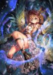  1girl absurdres armlet bird_legs blue_eyes breasts brown_hair claws dress fantasy feathered_wings feathers frilled_dress frills hair_between_eyes harpy head_chain highres huge_filesize jewelry looking_at_viewer monster_girl original short_hair solo taku57 talons white_dress wings 