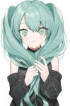  1girl :&lt; absurdres aqua_eyes aqua_hair aqua_nails bangs bare_shoulders black_sweater blush closed_mouth detached_sleeves eyelashes grey_background hair_over_shoulder hatsune_miku highres holding holding_hair long_hair nail_polish solo spinel_cranweiss sweater twintails upper_body vocaloid work_in_progress 