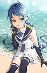  beach black_legwear blue_eyes blue_hair elbow_gloves gloves kantai_collection long_hair looking_at_viewer ocean samidare_(kantai_collection) school_uniform serafuku sitting skirt sleeveless smile suusuke thigh-highs very_long_hair wet wet_clothes wet_skirt white_sand zettai_ryouiki 