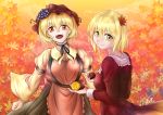  2girls absurdres aki_minoriko aki_shizuha akuron apron autumn autumn_leaves black_neckwear black_skirt blonde_hair bow breasts clouds eyebrows_visible_through_hair food food_themed_hair_ornament fruit gradient_clothes gradient_skirt grape_hair_ornament grapes hair_ornament hat highres huge_filesize large_breasts leaf leaf_hair_ornament leaf_on_head long_sleeves looking_at_viewer maple_leaf mob_cap multiple_girls open_mouth orange_eyes orange_sky outdoors red_apron red_eyes red_headwear red_shirt red_skirt shirt short_hair signature skirt sky small_breasts smile sweet_potato touhou wide_sleeves yellow_eyes yellow_shirt 