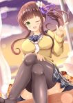  1girl ;d bangs black_sailor_collar blush breasts brown_hair commentary_request crossed_legs curtains eyebrows_visible_through_hair feet_out_of_frame flower gochuumon_wa_usagi_desu_ka? green_eyes grey_legwear grey_skirt hair_flower hair_ornament hair_ribbon highres large_breasts long_hair looking_at_viewer one_eye_closed open_mouth open_window pleated_skirt purple_ribbon ribbon sailor_collar side_ponytail sidelocks sitting sitting_in_window skirt smile solo sunset sweater thigh-highs ujimatsu_chiya white_flower white_neckwear window yellow_sweater zenon_(for_achieve) 