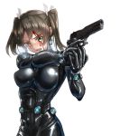  1girl alternate_costume black_bodysuit blood blood_on_face bodysuit breasts crossover dark_green_hair gantz gantz_suit green_eyes gun hair_ribbon handgun holding holding_gun holding_weapon kantai_collection latex_bodysuit long_hair m1911 medium_breasts parazan_d pistol ribbon simple_background skin_tight solo twintails upper_body weapon white_background white_ribbon zuikaku_(kantai_collection) 