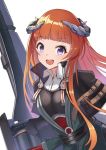  1girl :d arknights bagpipe_(arknights) bangs black_gloves commentary_request eyebrows_visible_through_hair gloves horns jacket long_hair looking_at_viewer open_mouth orange_hair simple_background smile solo upper_body violet_eyes weapon white_background yuzuruka_(bougainvillea) 