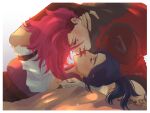  2girls arcane:_league_of_legends artist_name blue_hair caitlyn_(league_of_legends) closed_eyes commentary english_commentary fingerless_gloves gloves highres imminent_kiss kaifu_ato league_of_legends lying multiple_girls on_back parted_lips pink_hair vi_(league_of_legends) yuri 