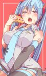  1girl aqua_neckwear black_legwear blue_hair breasts cake covered_navel cream cream_on_face detached_sleeves eyebrows_visible_through_hair food food_on_face hair_between_eyes hatsune_miku holding holding_cake holding_food kusoyuridanchi large_breasts long_hair necktie open_mouth pink_eyes red_background sitting solo thigh-highs twintails vocaloid 