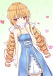  1girl absurdres at_kokao358 bare_shoulders blonde_hair blue_dress breasts cup dress drill_hair drinking frills heart highres looking_at_viewer original red_eyes simple_background small_breasts solo standing teacup twin_drills twintails 