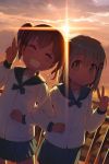  2girls backlighting blurry blurry_background closed_eyes diffraction_spikes dutch_angle grin hair_ornament hairclip highres kuraue_hinata lens_flare locked_arms long_sleeves minawa multiple_girls pleated_skirt railing school_uniform serafuku short_hair skirt smile sunset twintails uniform v w yama_no_susume yukimura_aoi 