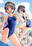  6+girls ass bare_legs barefoot black_hair blush commentary_request covered_nipples double_bun hidaka_medaka highres looking_at_viewer multiple_girls open_mouth school_swimsuit swim_cap swim_cap_removed swimsuit wet 
