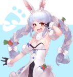  1girl :d animal_ear_fluff animal_ears arm_up armpits bangs bare_shoulders black_gloves black_legwear black_leotard blue_hair braid breasts bunny_tail carrot_hair_ornament character_name clothing_cutout coat cowboy_shot detached_sleeves don-chan_(usada_pekora) eyelashes food_themed_hair_ornament fur-trimmed_coat fur-trimmed_gloves fur_scarf fur_trim gloves hair_ornament highres hikimayu hololive leotard leotard_under_clothes long_hair looking_at_viewer multicolored_hair open_mouth orange_eyes outstretched_arm pantyhose playboy_bunny puffy_short_sleeves puffy_sleeves rabbit_ears rabbit_girl red_eyes scarf short_eyebrows short_sleeves small_breasts smile solo strapless strapless_coat strapless_leotard swept_bangs tail thick_eyebrows twin_braids twintails two-tone_hair underboob_cutout usada_pekora v_over_eye virtual_youtuber white_coat white_hair white_scarf white_sleeves yu_mochi_(kamiinu) 