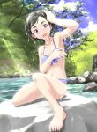  1girl armpits bikini blue_bikini breasts day grass highres idolmaster idolmaster_cinderella_girls looking_at_viewer matsuo_chizuru navel outdoors rock short_hair sky small_breasts solo stream sunlight swimsuit toy-g tree violet_eyes water wet wet_hair 