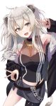  1girl :d absurdres ahoge animal_ears bare_shoulders blush breasts double_v earrings eyebrows_visible_through_hair fur-trimmed_jacket fur_trim grey_eyes grey_hair hair_between_eyes highres hololive jacket jewelry large_breasts lion_ears lion_girl long_hair looking_at_viewer muraco_shogo necklace open_mouth shirt shishiro_botan skirt smile solo v virtual_youtuber 