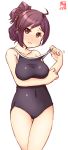  1girl adjusting_clothes ahoge alternate_costume alternate_hairstyle artist_logo blue_swimsuit blush breast_hold breasts brown_eyes collarbone commentary_request competition_school_swimsuit covered_navel cowboy_shot dated eyebrows_visible_through_hair hagikaze_(kantai_collection) highres kanon_(kurogane_knights) kantai_collection long_hair looking_at_viewer medium_breasts one-piece_swimsuit open_mouth ponytail purple_hair school_swimsuit simple_background smile solo swimsuit thigh_gap 
