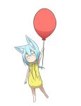  1girl absurdres animal_ear_fluff animal_ears arm_up armpits balloon bangs bare_arms bare_shoulders barefoot blue_hair chibi closed_mouth eyebrows_visible_through_hair full_body hair_between_eyes highres holding holding_balloon hood hood_down hoodie hoodie_dress idaten93 jitome long_hair original simple_background sleeveless sleeveless_hoodie solo white_background yellow_hoodie 