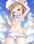  1girl abigail_williams_(fate/grand_order) abigail_williams_(swimsuit_foreigner)_(fate) arm_up armpits ass_visible_through_thighs bikini bikini_skirt blonde_hair blue_eyes bonnet breasts clouds fate/grand_order fate_(series) food forehead hand_on_headwear hat highres keyhole long_hair mannack miniskirt navel open_mouth outdoors popsicle skirt sky small_breasts smile solo swimsuit thighs white_bikini white_heasdwear white_skirt 