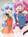  2girls animal_ear_fluff animal_ears arm_up ass_visible_through_thighs belt blue_eyes blue_hair blue_leotard blue_sleeves cat_ears cat_tail commentary_request covered_navel detached_sleeves elbow_gloves fingerless_gloves gloves green_eyes gundam gundam_build_divers hair_intakes hand_on_hip highleg highleg_leotard leotard long_hair momo_(gundam_build_divers) multiple_girls one_eye_closed open_mouth pink_hair ponytail red_gloves red_leotard red_skirt sara_(gundam_build_divers) see-through silver_meteor skirt smile tail thigh-highs thigh_gap thighs v very_long_hair waving white_gloves white_legwear yashiro_momoka 