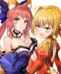  2girls absurdres animal_ear_fluff animal_ears bangs bare_shoulders blonde_hair blush bow breast_press breasts brown_hair dress earrings eyebrows_visible_through_hair fang fate/extra fate_(series) fox_ears fox_girl gloves green_eyes hair_bow highres japanese_clothes jewelry kimono long_hair looking_at_viewer medium_breasts multiple_girls nero_claudius_(fate) nero_claudius_(fate)_(all) open_mouth pink_hair red_dress same_(sendai623) smile tamamo_(fate)_(all) tamamo_no_mae_(fate) wide_sleeves 