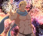  1boy abs absurdres bara black_hair blonde_hair blush bulge chest firework_background fireworks fundoshi highres horns japanese_clothes jiraiya_(tokyo_houkago_summoners) kuro_(shiranui) looking_at_viewer male_focus multicolored_hair muscle navel nipples pectorals scarf shirtless short_hair smile thick_thighs thighs tokyo_houkago_summoners upper_body 