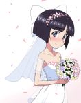  1girl bangs bare_shoulders black_eyes black_hair blunt_bangs blush bob_cut bouquet bow bridal_veil closed_mouth commentary dress eyebrows_visible_through_hair flower frilled_armband girls_und_panzer hair_bow hair_flower hair_ornament holding holding_bouquet kayabakoro looking_at_viewer petals see-through short_hair smile solo sono_midoriko standing strapless strapless_dress veil wedding_dress white_background white_bow white_dress 