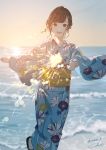  1girl :d absurdres beach black_footwear blue_kimono blue_sky blurry bokeh brown_eyes brown_hair commentary cowboy_shot dated dawn day depth_of_field earrings eyebrows_visible_through_hair eyelashes fireworks floral_print hair_ornament hairclip highres holding japanese_clothes jewelry kimono looking_at_viewer obi ocean open_mouth original outdoors sako_(35s_00) sandals sash short_hair signature sky smile solo sparkler sun sunlight waves wide_sleeves yukata 