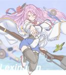  1girl aircraft azur_lane bangs black_legwear blush bow bowtie breasts bu4321 character_name covered_navel day dress garter_straps headgear holding holding_weapon jacket lexington_(azur_lane) long_hair ocean off_shoulder pink_hair red_neckwear ribbon sky smile solo thigh-highs water weapon white_jacket 