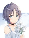  1girl absurdres asakura_tooru bangs black_choker choker collarbone flower green_eyes grey_hair hair_between_eyes highres holding holding_flower idolmaster idolmaster_shiny_colors lily_(flower) mochiko_(uyu_omochi) parted_lips shiny shiny_hair short_hair solo white_background white_flower 