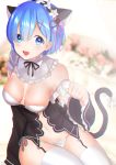 1girl :d absurdres animal_ears bare_shoulders blue_eyes blue_hair blurry blurry_background blush bow breasts breasts_apart cat_ears cat_tail chromatic_aberration commentary eyebrows_visible_through_hair fake_animal_ears frills garter_straps hair_ornament headband highres kazehana_(spica) large_breasts long_sleeves looking_at_viewer maid off_shoulder open_mouth panties paw_pose re:zero_kara_hajimeru_isekai_seikatsu rem_(re:zero) short_hair side-tie_panties sitting smile solo tail thigh-highs underwear white_bow white_legwear white_panties wide_sleeves x_hair_ornament 