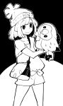  1girl bag bangs beanie dowman_sayman eyebrows_visible_through_hair gen_7_pokemon greyscale hat head_tilt monochrome pokemon pokemon_(creature) pokemon_(game) pokemon_sm rowlet selene_(pokemon) shirt short_hair short_sleeves shorts shoulder_bag smile starter_pokemon tied_shirt 