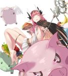  1girl barefoot bracelet breasts circe_(fate/grand_order) closed_eyes den_(kur0_yuki) fate/grand_order fate_(series) food fruit happy head_wings highres holding holding_staff jewelry long_hair looking_at_viewer open_mouth pig pink_hair pointy_ears riding skirt small_breasts smile solo staff white_robe white_skirt 