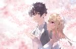  1boy 1girl bangs black_hair blurry blurry_background blush cherry_blossoms commentary_request couple eyebrows_visible_through_hair flower grey_sweater hair_between_eyes hetero highres long_hair long_sleeves looking_at_another looking_up nakiri_asahi nakiri_erina outdoors parted_lips petals pink_flower ribbed_sweater shokugeki_no_souma short_hair smile sweater turtleneck uiui_(hage04195) upper_body violet_eyes 