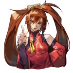1girl bangs bare_shoulders breasts brown_eyes brown_hair chinese_clothes chinese_text detached_sleeves guilty_gear guilty_gear_x guilty_gear_xx hair_between_eyes hair_ring hand_on_hip highres kuradoberi_jam long_hair looking_at_viewer medium_breasts open_mouth pointing pointing_up simple_background solo twintails uncle_rabbit_ii upper_body very_long_hair white_background