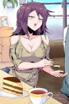  1boy 1girl blue_eyes blush breasts cake feeding food fork highres holding holding_fork large_breasts looking_up open_mouth original out_of_frame purple_hair shimure_(460) solo_focus sweater tea 